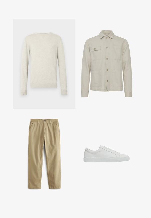 Beige bomuldsjakke med knaplukning foran, skjortekrave, to brystlommer og to nederste lommer. Struktureret stof med synlige syninger.; Beige sweater med lange ærmer og rund halsudskæring, med ribbede manchetter og kant, præsenteret mod en simpel hvid baggrund.; Beige bukser lavet af en bomuldsblanding, med knaplukning, to forlommer og lige ben med minimal tekstur.; Reiss REGULAR FIT - LUCA TUMBLED - Sneakers - white