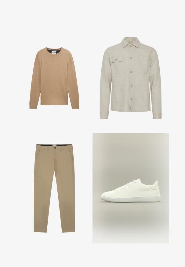 Veste en coton beige avec une fermeture à boutons, un col pointu, deux poches poitrine et deux poches inférieures. Tissu texturé avec des coutures visibles.; Pull en tricot beige avec un col rond, des manches longues et des poignets et un ourlet côtelés. Présente un petit logo sur la poitrine.; Chinos beige en coton lisse, avec une coupe droite, une fermeture à un seul bouton et deux poches latérales. Détails de couture subtils.; Baskets basses blanches avec lacets, tige en cuir lisse et semelle plate en caoutchouc sur un fond neutre.