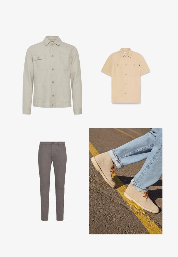 Beige bomuldsjakke med knaplukning foran, skjortekrave, to brystlommer og to nederste lommer. Struktureret stof med synlige syninger.; Beige kortærmet skjorte med knapper, to brystlommer og krave, Timberland-mærke indeni kraven og en lille sort sideetiket.; Grå bomulds chinos med lige pasform, der har knaplukning, standardlommer og minimalistisk design. Glat tekstur og ingen mønstre.; Beige ruskind ankelstøvler med orange snørebånd, rund tå og en let gummisål, parret med opfoldede lyseblå denimjeans.