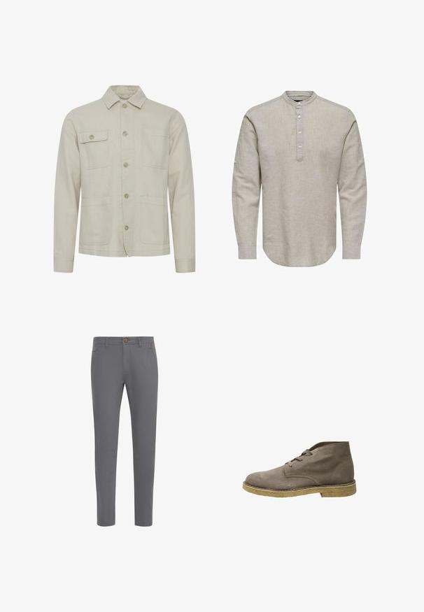 Beige katoenen jack met een knoopsluiting aan de voorkant, een puntkraag, twee borstzakken en twee lagere zakken. Gestructureerde stof met zichtbare stiknaden.; Lichtbeige blouse met lange mouwen van linnen, met een ronde halslijn, knoopsluiting en afgeronde onderkant; heeft een subtiele textuur.; Grijze katoenen broek met een aansluitend ontwerp, voorzien van een knoopsluiting, standaardzakken en een gladde textuur.; Selected Chukka Suede - Veterboots - almondine