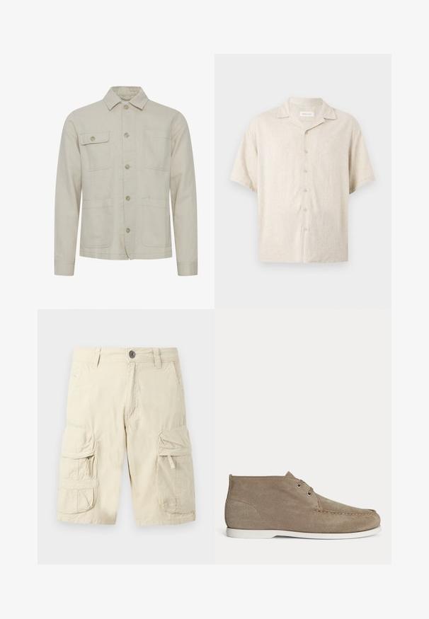 Veste en coton beige avec une fermeture à boutons, un col pointu, deux poches poitrine et deux poches inférieures. Tissu texturé avec des coutures visibles.; Chemise beige à manches courtes avec col camp, boutons devant et coupe décontractée, en tissu léger.; Short cargo beige avec bouton devant, fermeture éclair, passants de ceinture et deux grandes poches à rabat avec fermetures éclair sur chaque cuisse.; Chaussure montante en daim marron clair avec lacets, semelle blanche, coutures visibles sur la zone des orteils et deux œillets métalliques sur le côté extérieur.