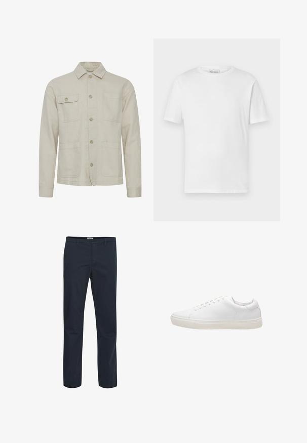 Beige bomuldsjakke med knaplukning foran, skjortekrave, to brystlommer og to nederste lommer. Struktureret stof med synlige syninger.; Hvid kortærmet t-shirt lavet af bomuld. Har en rund halsudskæring og lige kant. Ingen mønstre eller udsmykninger. Enkel design.; Mørkeblå bukser lavet af en blanding af bomuldsstof. Har et klassisk design med forlommer og lynlås. Glat tekstur.; Hvide lædersneakers med en glat overflade, rund tå, snørebåndslukning og flad gummisål. Minimalistisk design uden synlige mønstre.