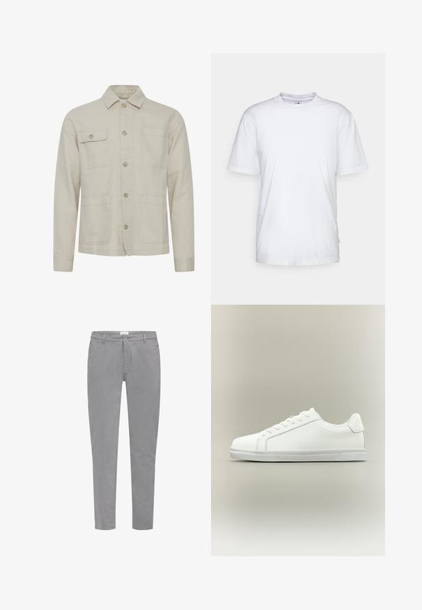 Veste en coton beige avec une fermeture à boutons, un col pointu, deux poches poitrine et deux poches inférieures. Tissu texturé avec des coutures visibles.; T-shirt en coton blanc avec un col rond, des manches courtes et un ourlet droit. Présente une petite étiquette de marque sur la couture latérale gauche.; Chinos en coton gris avec une coupe ajustée, poches avant, fermeture par bouton et passants pour ceinture. Texture lisse avec des détails de design minimalistes.; Baskets blanches basses à lacets sur l'avant avec semelle en caoutchouc texturée, sur fond neutre uni.