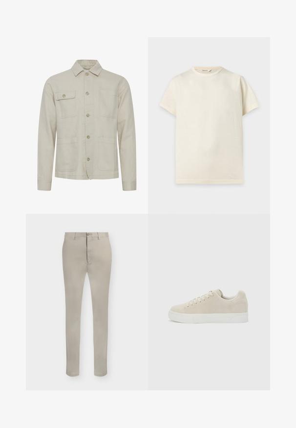 Veste en coton beige avec une fermeture à boutons, un col pointu, deux poches poitrine et deux poches inférieures. Tissu texturé avec des coutures visibles.; T-shirt basique à manches courtes en coton couleur blanc cassé avec col rond et une petite étiquette intérieure portant la mention "Selected."; Pantalon beige slim fit avec passants de ceinture, fermeture par bouton et braguette zippée, présenté sur fond blanc.; Baskets basses beige à lacets avec semelle épaisse en caoutchouc blanc sur un fond uni gris clair.