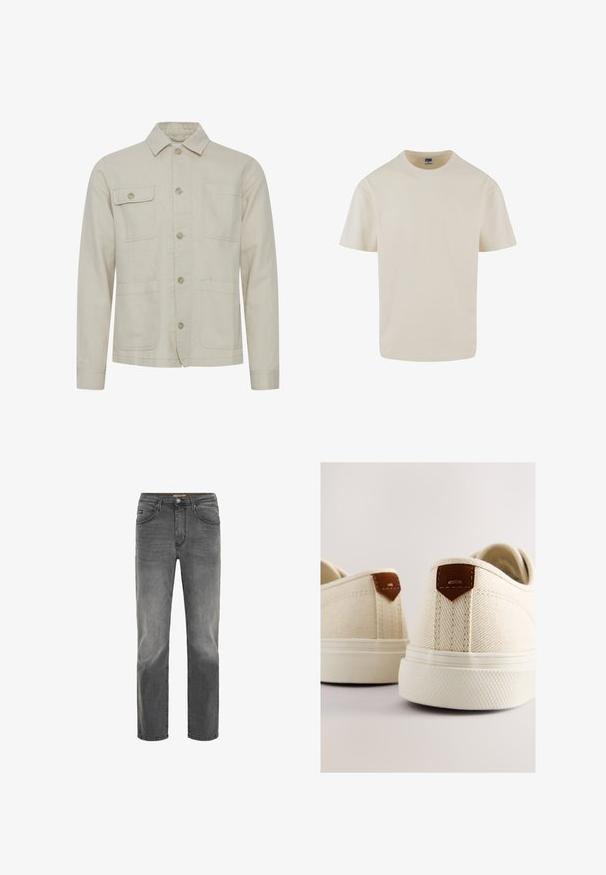 Beige bomuldsjakke med knaplukning foran, skjortekrave, to brystlommer og to nederste lommer. Struktureret stof med synlige syninger.; Urban Classics LOOSE TEE - T-shirts basic - whitesand; Drejede mænds jeans i falmet mørkegrå denim med frontlommer, bæltestropper og knappelukning.; Lærreds-sneakers i creme med en struktureret finish, der har brune læderdetaljer ved hælen og en ydersål af gummi.