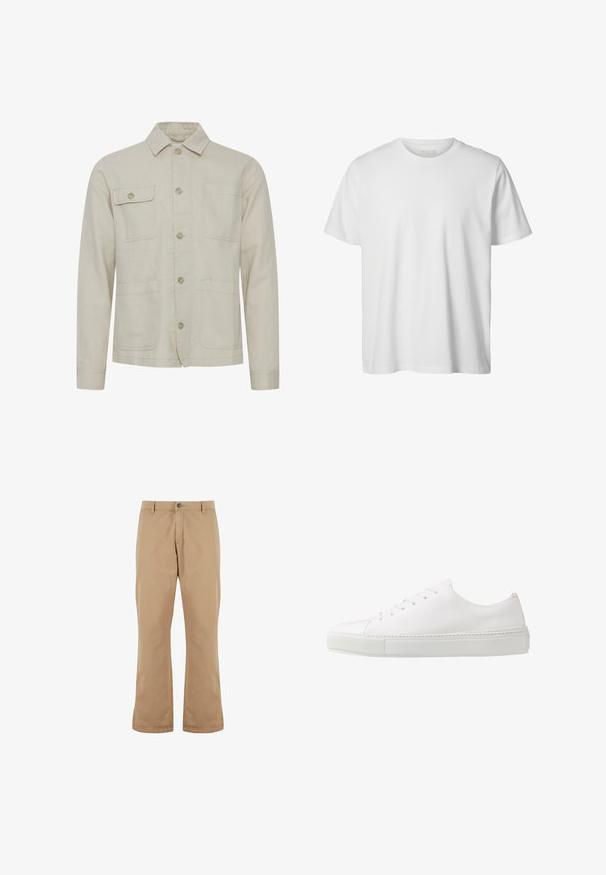 Beige bomuldsjakke med knaplukning foran, skjortekrave, to brystlommer og to nederste lommer. Struktureret stof med synlige syninger.; Enkelt hvid T-shirt med korte ærmer og rund hals, løs pasform og uden synlige logoer eller designs foran.; Beige bomuldsbukser med lige pasform, der har knaplukning, forlommer og en glat tekstur.; Hvide lædersneakers med en glat finish, rund tå og seks øjer til snørebånd. Har en tekstureret gummisål og et minimalisk design.