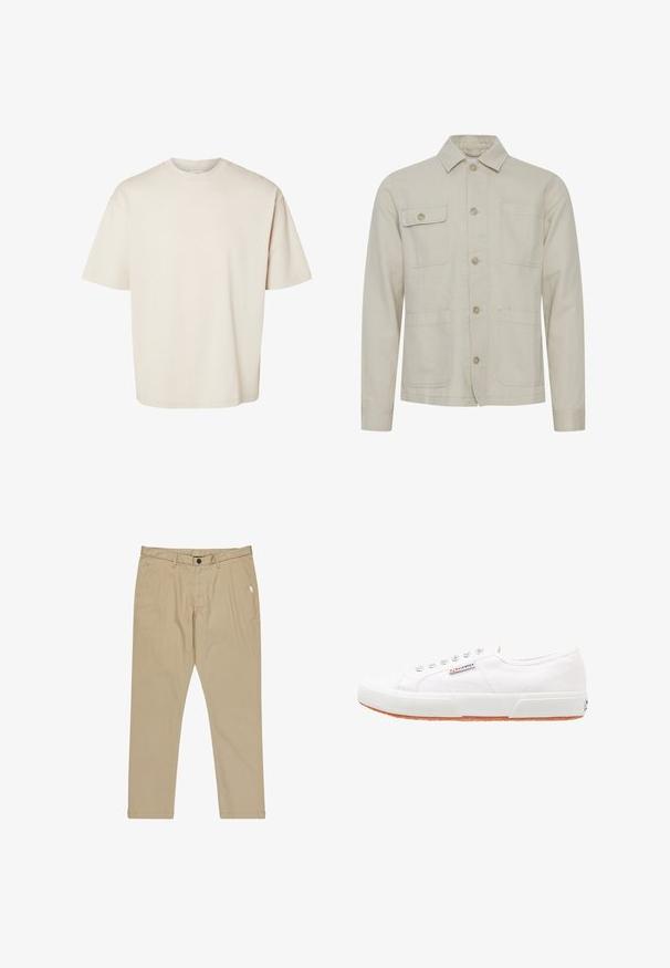 Beige bomuldsjakke med knaplukning foran, skjortekrave, to brystlommer og to nederste lommer. Struktureret stof med synlige syninger.; Simpel beige kortærmet oversize bomuld t-shirt med rund halsudskæring, vist fladt på hvid baggrund.; Beige bomuldsbukser med flad front, sidelommer og knaplukning. Har syninger som accent og en lige ben design.; Hvide kanvas sneakers med gummisål, snørebåndsdesign og et lille logo mærke på siden. Tekstureret hvid overdel og brun ydersål.