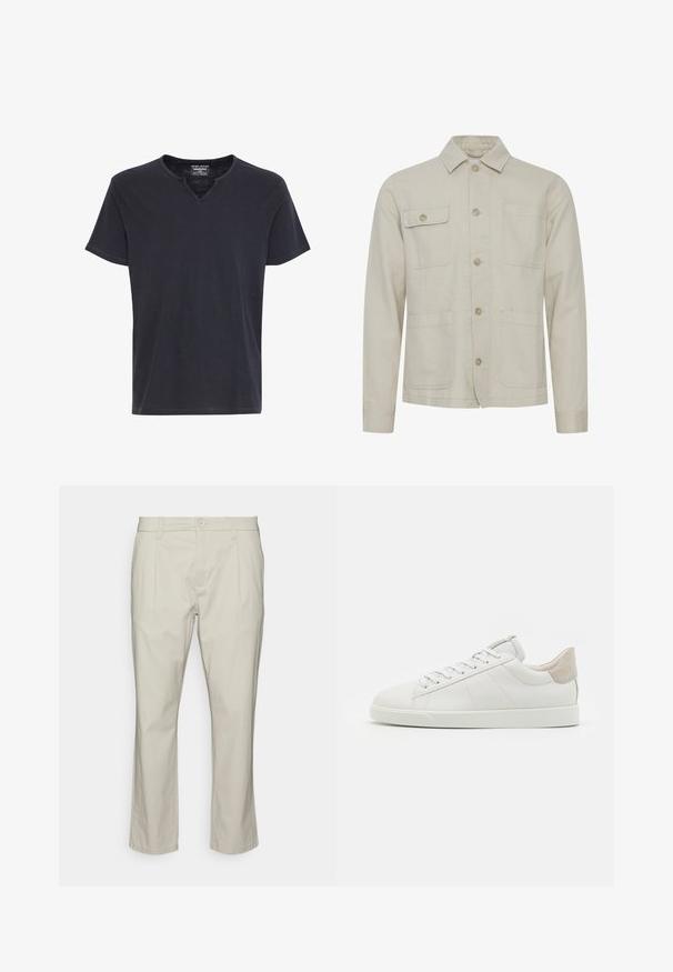Veste en coton beige avec une fermeture à boutons, un col pointu, deux poches poitrine et deux poches inférieures. Tissu texturé avec des coutures visibles.; T-shirt noir à manches courtes avec un col en V et un design simple et épuré, présenté sur fond blanc.; Only & Sons ONSCAM CROPPED - Chino - silver lining; Sneaker en cuir blanc avec une surface lisse, un bout arrondi et un accent en cuir suédé gris clair au niveau du talon, doté d'une semelle en caoutchouc plate.