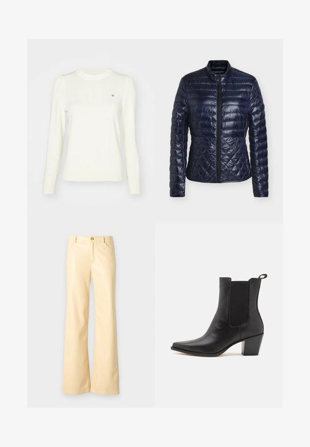 Marineblå quiltet jakke med lange ærmer, frontlynlås og høj krave, med horisontale og diamantformede stikningsmønstre.; Lyscreme sweater, strikket tekstur, crew neck, lange ærmer, ribbede manchetter og søm. Diskret logodetalje på brystet.; Breddebenede bukser i en lys gul farve, lavet af glat, skinnende materiale. Har en frontknap, to sidelommer og en lige pasform.; Dolce Vita SHADIE - Støvletter - black