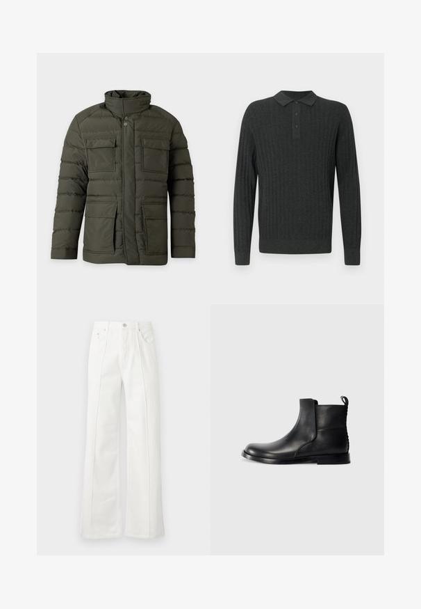 Veste matelassée vert foncé avec col montant, boutons-pression devant, fermeture éclair et quatre poches à rabat à l'avant.; Polo à manches longues gris foncé avec texture côtelée, col classique et patte de boutonnage à trois boutons. Design simple, fabriqué à partir d'un tissu doux.; Pantalon blanc taille haute à jambes larges avec coutures devant, passants de ceinture, fermeture par bouton et poches latérales sur fond uni.; Botte de cheville en cuir noir avec bout rond, panneaux latéraux élastiques et dos texturé. Elle dispose d'une semelle en caoutchouc plate et d'une languette de traction.