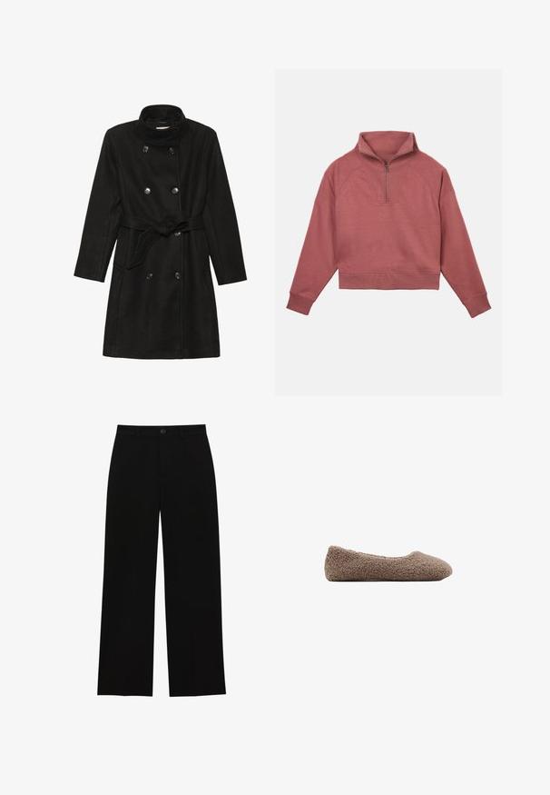 Manteau en mélange de laine noir avec un col haut, double boutonnage avec des boutons noirs, une ceinture à la taille et des poches latérales. Texture lisse et design longueur genoux.; Sweatshirt en rose poussiéreux, avec un col zippé à quart, des manches raglan, et un ourlet et des poignets côtelés. Fabriqué en tissu texturé.; Pantalons noirs, taille haute, à jambes larges, fabriqués dans un tissu lisse, avec une taille plate, une fermeture à bouton et sans poches visibles.; Ballet flat marron doublé en polaire avec un bout rond. Texture douce et design sans coutures, offrant une silhouette discrète. Pas de quincaillerie visible.