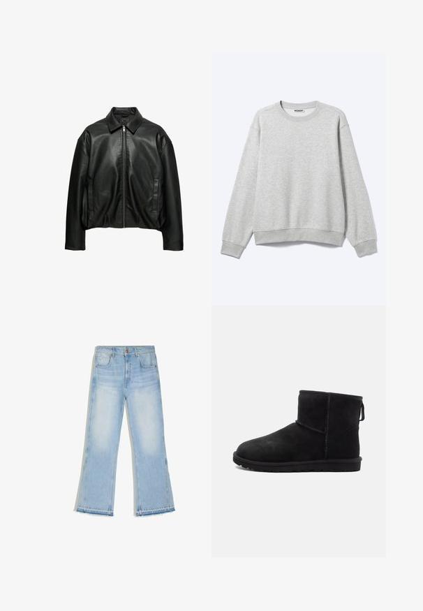 Schwarze Lederjacke mit Kragen, Frontreißverschluss, langen Ärmeln und zwei vertikalen Seitentaschen, dargestellt vor weißem Hintergrund.; Hellgraues Sweatshirt mit Rundhalsausschnitt und langen Ärmeln, mit gerippten Bündchen und Saum, flach auf weißem Hintergrund dargestellt.; Hellblaue Denim-Jeans mit hoher Taille, geraden weiten Beinen, Vordertaschen und rohem Saum.; Schwarze Wildleder-Ankle Boots mit abgerundeter Spitze, minimalistischen Stichdetails, Zuglasche und einer strukturierten Gummisohle. Entworfen für Wärme und Komfort.