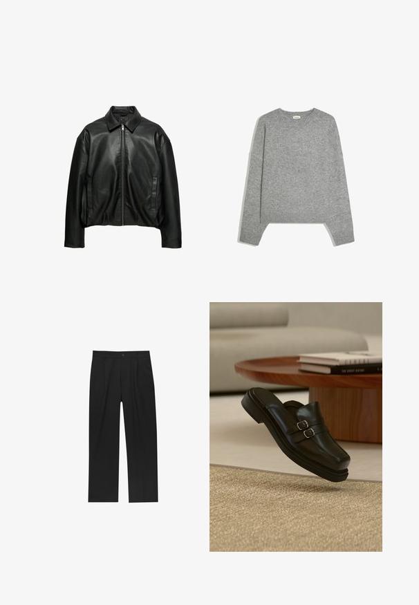 Veste en cuir noire avec col, fermeture éclair à l'avant, manches longues et deux poches latérales verticales, présentée sur fond blanc.; Pull en maille gris clair uni à manches longues, avec poignets, ourlet et col rond en côtes, posé à plat sur un fond blanc.; Pantalons noirs au design droit, fabriqués à partir d'un tissu lisse. Dotés de plis sur le devant et d'une fermeture à un bouton à la taille.; Chaussure noire en cuir à enfiler avec double boucle argentée, présentée en suspension au-dessus d'un tapis beige texturé, près d'une table basse en bois et des livres.