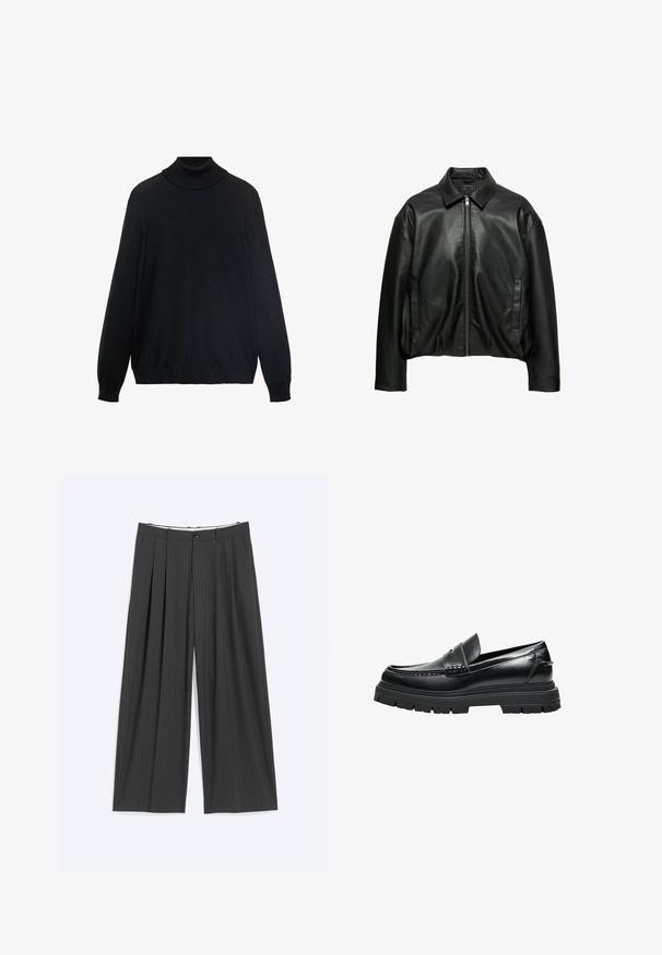 Sort læderjakke med krave, frontlynlås, lange ærmer og to lodrette sidelommer, vist mod en hvid baggrund.; Sort turtleneck sweater med en tætsiddende krave, lange ærmer og ribbede manchetter og kant. Lavet af blødt, strækbart stof med en glat tekstur.; Mørkegrå bukser med vide ben og diskrete nålestriber, for-ploer, bæltestropper og knaplukning, lagt fladt på en lys baggrund.; Sort læder-loafer med tyk rillede sål og penny remdetaljer, vist fra siden på hvid baggrund.