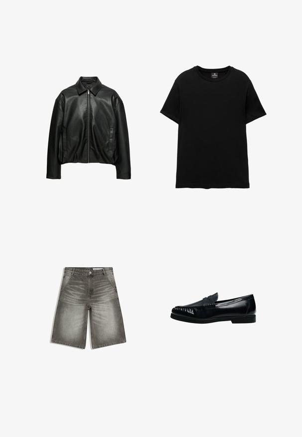 Veste en cuir noire avec col, fermeture éclair à l'avant, manches longues et deux poches latérales verticales, présentée sur fond blanc.; T-shirt noir à manches courtes avec col rond, étiquette Pull&Bear à l’intérieur du col, posé à plat sur un fond blanc.; Shorts en denim gris avec poches avant, fermeture par boutons, passants pour ceinture, et détails décolorés sur les cuisses et près de la fermeture éclair.; Mocassin penny loafer pour homme en cuir noir avec bout moc cousu et petit talon, présenté de profil sur fond blanc.