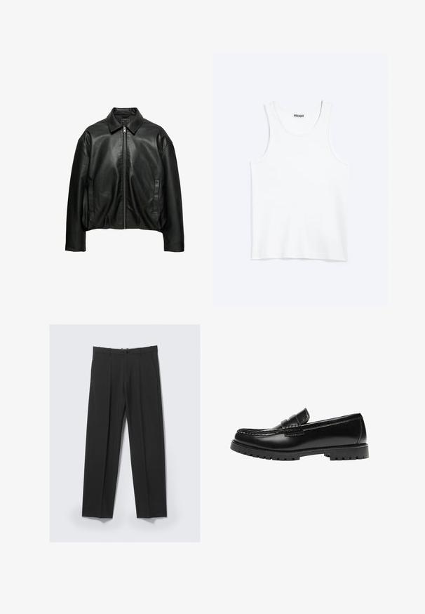 Veste en cuir noire avec col, fermeture éclair à l'avant, manches longues et deux poches latérales verticales, présentée sur fond blanc.; Débardeur blanc sans manches avec col rond et étiquette de la marque Weekday à l'intérieur du col arrière, présenté à plat sur un fond clair.; Pantalon noir ajusté avec plis avant, poches latérales, passants de ceinture et fermeture par bouton à la taille sur un fond clair.; Mocassin en cuir noir avec une semelle en caoutchouc épaisse et un détail classique de bride à monnaie, vu de côté extérieur.
