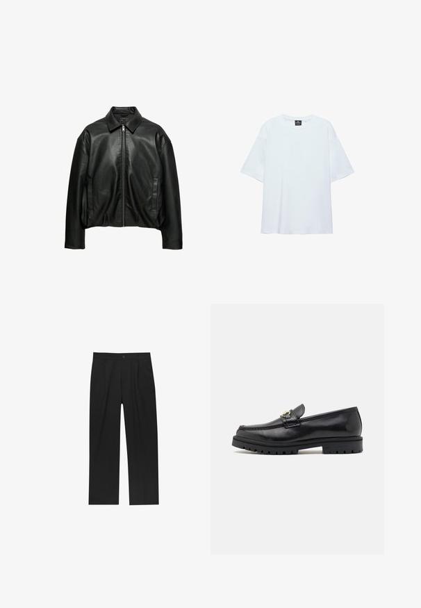 Sort læderjakke med krave, frontlynlås, lange ærmer og to lodrette sidelommer, vist mod en hvid baggrund.; Hvid, oversized T-shirt med korte ærmer og rund halsudskæring, med en sort etiket inde i kraven på en hvid baggrund.; Sorte bukser med lige ben, lavet af et glat stof. Har frontfolder og en enkelt knaplukning i taljen.; Sorte læder loafers med en glat finish, rund tå, en dekorativ rem med guldhardware og en robust sort sål.