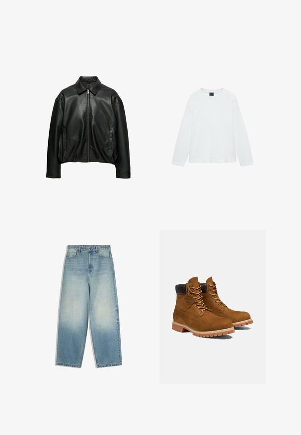 Zwarte leren jas met kraag, rits aan de voorkant, lange mouwen en twee verticale zijzakken, afgebeeld tegen een witte achtergrond.; Wit shirt met lange mouwen en ronde hals, rechte zoom en een zwart maatlabel aan de binnenkant van de kraag.; Lichtblauwe denim jeans met wijde pijpen, voorzakken, knoopsluiting en vervaagde wassing op dijen en knieën.; Bruine suède enkellaarsjes met een gevoerde zwarte kraag, gouden oogjes en een dikke rubberen zool met een profielpatroon voor grip.