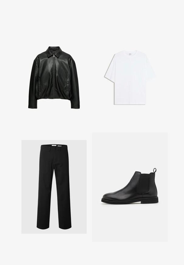 Veste en cuir noire avec col, fermeture éclair à l'avant, manches longues et deux poches latérales verticales, présentée sur fond blanc.; T-shirt oversize en coton blanc avec un col rond et des manches courtes ; texture lisse, sans motifs ni accents visibles.; Pantalon noir droit avec fermeture par bouton et fermeture éclair, passants de ceinture et poches avant sur un fond uni.; Bottines Chelsea en cuir noir avec panneaux élastiques sur les côtés et une languette. Bout arrondi et semelle en caoutchouc plate, mettant en valeur une finition lisse.