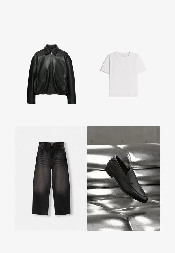 Veste en cuir noire avec col, fermeture éclair à l'avant, manches longues et deux poches latérales verticales, présentée sur fond blanc.; T-shirt en coton blanc avec un col rond et des manches courtes. Présente une coupe classique et carrée, sans motifs ni accents visibles.; Jeans en denim noir à jambe large avec un design délavé, dotés de cinq poches, d'une fermeture à bouton et de détails de whiskering subtils sur le devant.; Mocassin en cuir noir flottant au-dessus d'un canapé en cuir argenté brillant capitonné dans un décor neutre.