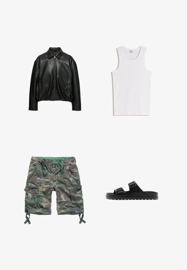 Veste en cuir noire avec col, fermeture éclair à l'avant, manches longues et deux poches latérales verticales, présentée sur fond blanc.; Débardeur blanc en coton avec un col rond et de larges bretelles. Texture lisse, sans motifs ni accents, design simple.; Shorts cargo à motif camouflage, dotés de plusieurs poches, d'une taille élastique avec cordons de serrage et d'un matériau en coton.; Sandale noire à bout ouvert avec deux brides réglables avec boucle et une semelle texturée pour l’adhérence, présentée en profil.