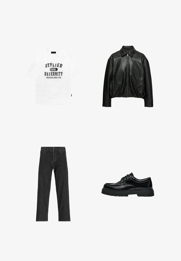 Veste en cuir noire avec col, fermeture éclair à l'avant, manches longues et deux poches latérales verticales, présentée sur fond blanc.; T-shirt en coton blanc à manches courtes, arborant un texte noir déchiré : "ATELIER 2018 RETERNITY DIRECTEUR CRÉATIF." Coupe simple et décontractée.; Jean en denim noir avec une coupe droite, dotée d'une fermeture éclair, de passants de ceinture et de six poches, confectionnée dans un tissu en coton robuste.; Chaussure noire en cuir à lacets avec semelle épaisse en caoutchouc, coutures visibles et œillets métalliques sur fond blanc.