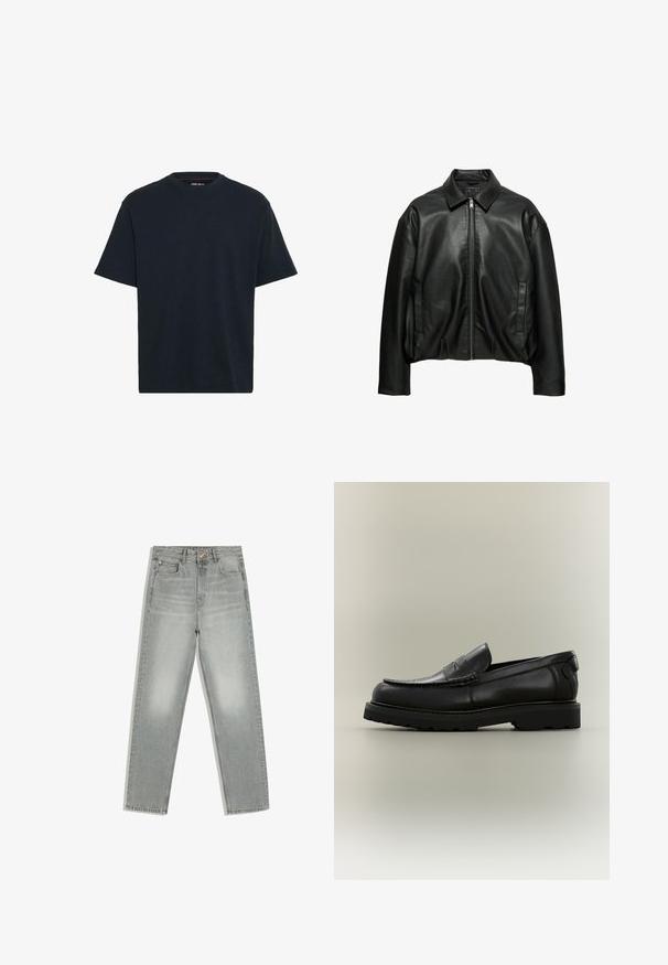 Sort læderjakke med krave, frontlynlås, lange ærmer og to lodrette sidelommer, vist mod en hvid baggrund.; Marineblå bomulds T-shirt med rund hals, korte ærmer og en afslappet pasform. Glat tekstur uden synlige mønstre eller accenter.; Grå støvleben jeans med fem lommer, knap- og lynlåslukning, vist fladt på hvid baggrund.; Sort læderloafer med en tyk gummisål, penny remdetalje og syning på mokkatoe-designet mod en neutral baggrund.