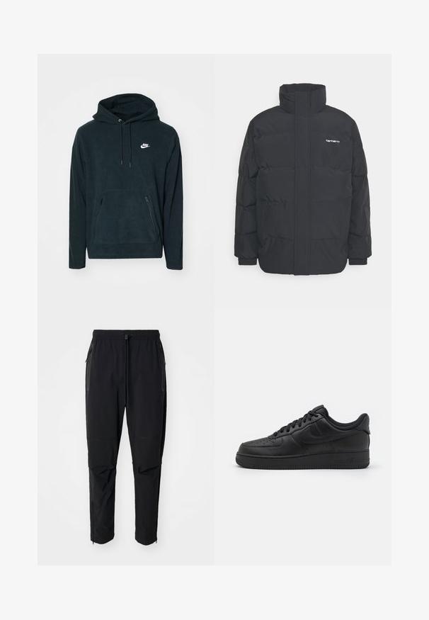 Schwarze Daunenjacke mit hohem Kragen, Reißverschluss vorne und elastischen Bündchen. Verfügt über eine Tasche und ein kleines Logo auf der Brust. Strukturiert Oberfläche.; Schwarzer Fleece-Hoodie mit einer vorderen Kängurutasche und zwei seitlichen Reißverschlusstaschen. Enthält eine Kapuze mit Kordelzug und ein weißes Nike-Logo.; Schwarze, leichte outdoor Hosen mit elastischem Bund und verstellbarem Zugschnur. Ausgestattet mit Reißverschlusstaschen und tapered Bündchen.; Nike Sportswear AIR FORCE 1 07 FLYEASE - Sneaker low - black