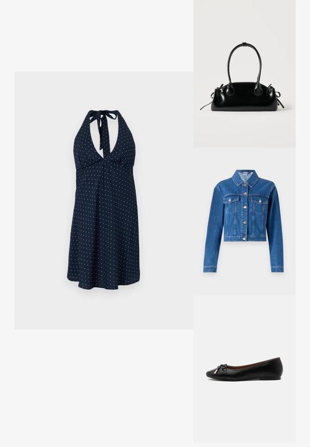 Jeans μπουφάν σε μπλε χρώμα με cropped σχέδιο, κουμπιά μπροστά, δύο τσέπες στο στήθος και ασημένια αξεσουάρ. Λείος υφή.; Ναυτικό φόρεμα με ασπρόμαυρες βούλες, διαθέτει βαθύ ντεκολτέ, μαζεμένη μέση και φουσκωτή φούστα. Το ύφασμα έχει απαλή υφή.; Μαύρο δερμάτινο μπαλαρίνα παπούτσι με στρογγυλή μύτη, μικρό φιόγκο με άκρες επίχρυσες και χαμηλό επίπεδο τακούνι σε γκρι φόντο.; Μικρή μαύρη γυαλιστερή τσάντα με δύο μακριές λαβές και λεπτομέρειες με ρυθμιζόμενο κορδόνι στο πλάι σε απλό ανοιχτό φόντο.