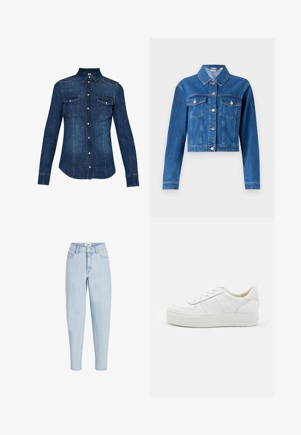 Jeans μπουφάν σε μπλε χρώμα με cropped σχέδιο, κουμπιά μπροστά, δύο τσέπες στο στήθος και ασημένια αξεσουάρ. Λείος υφή.; Τζιν πουκάμισο σε σκούρο μπλε χρώμα, με κουμπί μπροστινής κλεισίματος, μυτερό γιακά και δύο τσέπες στήθους με καπάκι. Μακριά μανίκια με κουμπωτά μανσέτα.; Φωτεινά γαλάζια τζιν ψηλόμεσα με κουμπί και φερμουάρ μπροστά, στυλ με πέντε τσέπες και στενά μπατζάκια.; Λευκό δερμάτινο αθλητικό παπούτσι με υφή στην επάνω πλευρά, μαξιλαροκορδόνι και επίπεδη καουτσούκ σόλα. Διαθέτει διακριτική ραφή και κλασικό σχέδιο με κορδόνια.