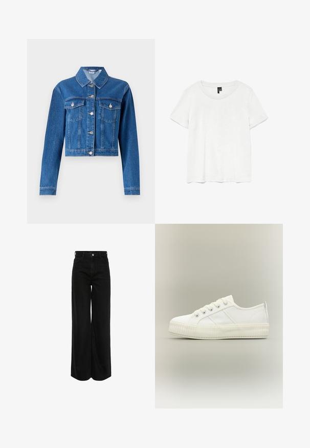 Jeans μπουφάν σε μπλε χρώμα με cropped σχέδιο, κουμπιά μπροστά, δύο τσέπες στο στήθος και ασημένια αξεσουάρ. Λείος υφή.; Λευκό κοντομάνικο μπλουζάκι με στρογγυλή λαιμόκοψη, κατασκευασμένο από ελαφρύ ύφασμα. Απλός σχεδιασμός, λεία υφή και ίσια τελείωμα.; Φαρδιές μαύρες τζιν παντελόνες με ψηλή μέση, σχεδίαση με πέντε τσέπες και ασημί σιδηρικά. Το ύφασμα έχει λείο, ελαφρώς υφασμένο φινίρισμα.; Λευκό αθλητικό παπούτσι χαμηλού ύψους με παχιά ριγωτή σόλα, δέσιμο με κορδόνια μπροστά και θηλιά στη φτέρνα σε ουδέτερο φόντο.