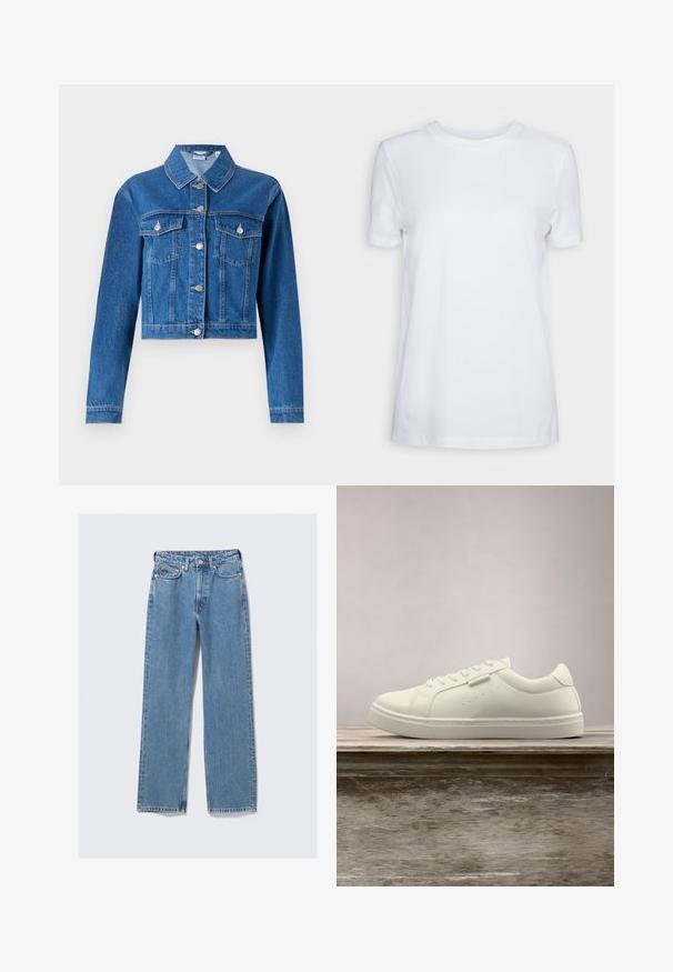 Veste en denim bleue avec un design court, fermeture à boutons, deux poches poitrine et accents en métal argenté. Texture lisse.; T-shirt blanc uni à manches courtes, col rond, coupe régulière, avec une petite étiquette à l’intérieur du col indiquant "SELECTED FEMME."; Jean en denim bleu à taille haute, coupe droite, avec bouton avant, fermeture éclair, passants pour ceinture et design à cinq poches sur un fond clair uni.; Baskets en cuir blanc avec des lacets flottant au-dessus d'un banc en bois, herbe verte haute floue en arrière-plan à l'extérieur.