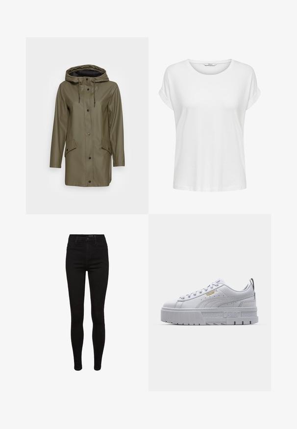 Veste de pluie imperméable vert olive avec une capuche, boutons-pression à l'avant, deux poches latérales et cordons de serrage pour ajuster la capuche.; T-shirt blanc à manches courtes en coton doux. Il présente un col rond et des poignets roulés. Design simple sans motifs ni accents.; Jean skinny en denim noir avec une taille haute, design à cinq poches, passants de ceinture et détails de couture subtils. Texture lisse, forme ajustée.; Baskets plateformes blanches avec une tige en cuir lisse, un col rembourré, une semelle en caoutchouc grise et des accents dorés arborant le logo Puma.