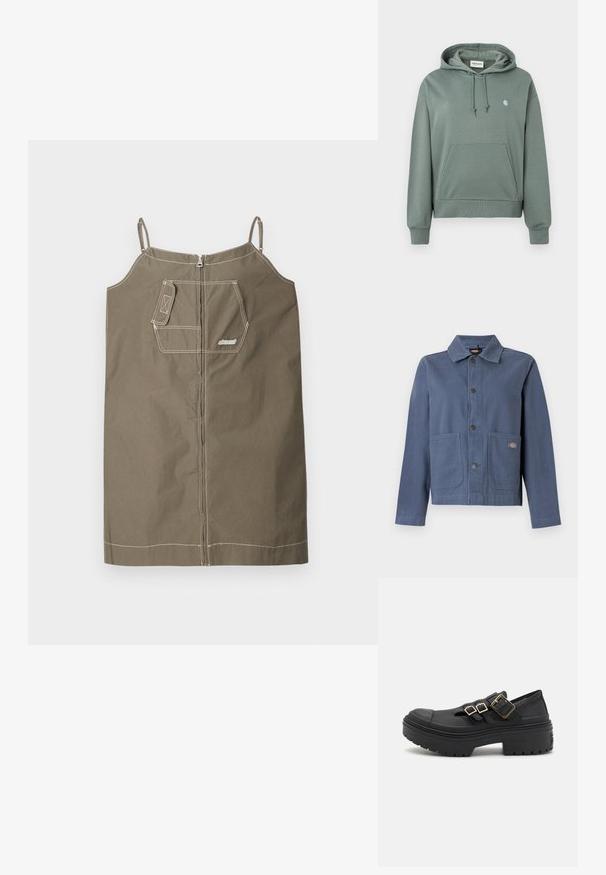 Veste en coton bleu avec col, fermeture à boutons, deux poches avant et un petit logo de la marque sur la poche droite.; Sweat à capuche vert-gris avec une poche kangourou, une capuche à cordon et un petit logo sur la poitrine. Fabriqué en tissu doux et texturé.; Robe sans manches vert olive en coton avec fermeture éclair. Dispose d'une poche poitrine unique, de coutures contrastantes et de bretelles ajustables.; Chaussures noires à enfiler avec une semelle épaisse, dotées de trois boucles dorées ajustables et d'un embout en caoutchouc. Texture lisse sur l'ensemble.