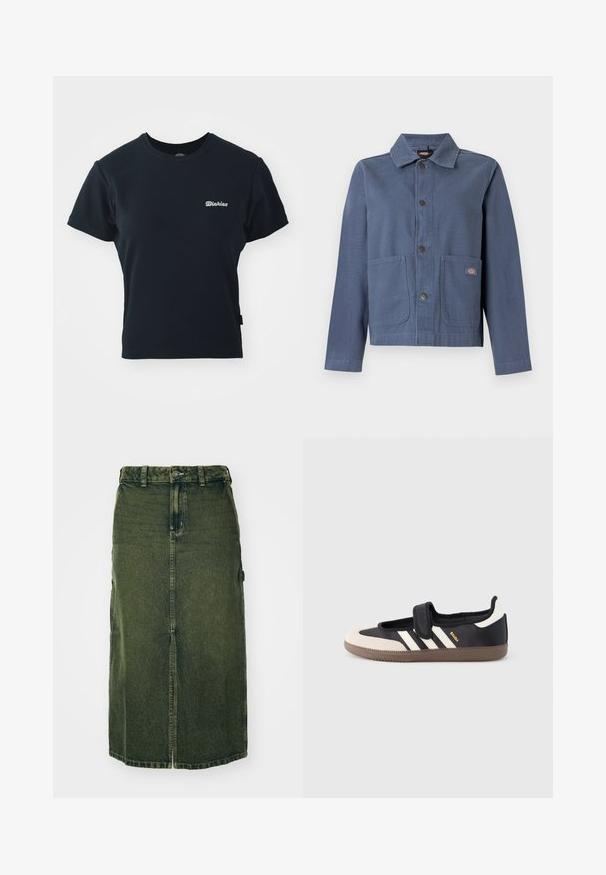Blaue Baumwolljacke mit Kragen, Knopfverschluss, zwei Vordertaschen und einem kleinen Markenlogo auf der rechten Tasche.; Schwarzes Baumwoll-T-Shirt mit kurzen Ärmeln, Rundhalsausschnitt und kleinem weißen gesticktem Logo auf der Brust. Klassisches, tailliertes Design.; Grünes Denim-Kleid mit mittellangem Schnitt, vorderem Schlitz, Knopfschluss und Gürtelschlaufen. Die Textur ist leicht verblasst, mit Seitentaschen.; Schwarzer und beiger Sneaker mit Klettverschluss, drei weißen Streifen an der Seite und einer strukturierten braunen Gummisohle. Markenlogo sichtbar.