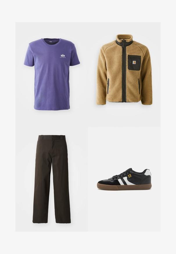 Chaqueta de forro polar color beige con un bolsillo de pecho con cremallera negra y bolsillos laterales a juego. Cuenta con un cuello alto y tejido texturizado para mayor calidez.; Camiseta morada de manga corta y cuello redondo con pequeño logo blanco de Alpha Industries en el pecho izquierdo sobre fondo blanco.; Pantalones de algodón negros con un diseño de pierna recta, que cuentan con un cierre de botón y una cinturilla clásica. Textura suave, sin patrones ni acentos.; Zapatillas en blanco y negro con parte superior de ante y cuero, que presentan franjas blancas, cordones negros y una suela de goma marrón. Acentos de logo dorados.
