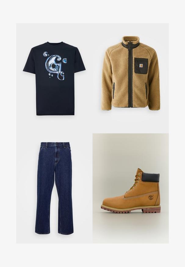 Chaqueta de forro polar color beige con un bolsillo de pecho con cremallera negra y bolsillos laterales a juego. Cuenta con un cuello alto y tejido texturizado para mayor calidez.; Camiseta de algodón negra con una letra "G" en estilo metálico brillante y burbujas en tonos de azul. Tienes mangas cortas y un ajuste clásico.; Jeans de mezclilla azul oscuro con un diseño de pierna recta, que cuentan con un cierre de botón, estilo de cinco bolsillos y detalles de costura sutiles.; Bota de tobillo de cuero marrón con cuello negro, cordones amarillos y suela beige. Presenta un logotipo y detalles de costura blanca. Suela exterior con tracción robusta.