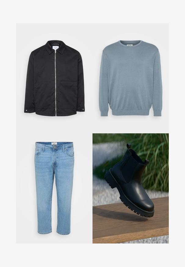 Sort lynlåsjakke med krave, to forlommer og metal lynlåsdetalje. Glat stof uden mønstre eller markante teksturer.; Lyseblå sweater lavet af strikket stof, med rund halsudskæring og ribbede manchetter og kant. Enkel design med en blød tekstur.; Lys blå denimjeans med en afslappet pasform, fem-lomme design, knaplukning og synlige syninger.; Sorte læder ankelstøvler med elastiske sidepaneler, rund tå og kraftig sål, vist på en træoverflade.