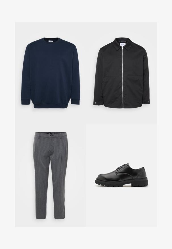 Sort lynlåsjakke med krave, to forlommer og metal lynlåsdetalje. Glat stof uden mønstre eller markante teksturer.; Marineblå sweatshirt lavet af blød bomuldsblanding, med rund hals, lange ærmer og ribbede manchetter og kant. Minimalistisk design uden mønstre.; Grå stribede bukser lavet af vævet stof, med flad front, bæltestropper og en enkelt knaplukning. Skåret pasform og opkradede ben.; Sorte lædersko med rund tå, snørelukning og en tykk, struktureret gummisål. Har syninger langs kanten og en glat overflade.
