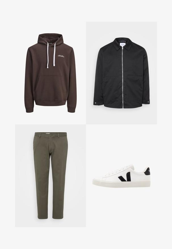 Sort lynlåsjakke med krave, to forlommer og metal lynlåsdetalje. Glat stof uden mønstre eller markante teksturer.; Brun hætte sweatshirt med hvide snore, frontlomme i kangaroo-stil og lille hvid tekst "CORE™ DEPT. ETABLERET 1990" på brystet.; Olivenfarvede bukser lavet af en bomuldsblanding. Lige ben design med flad front, knaplukning og bæltestropper. Glat tekstur.; Hvide lædersneakers med sorte ruskindsdetaljer; har en gummisål, rund tå og klassisk snørebåndsdesign. Side logo i sort.