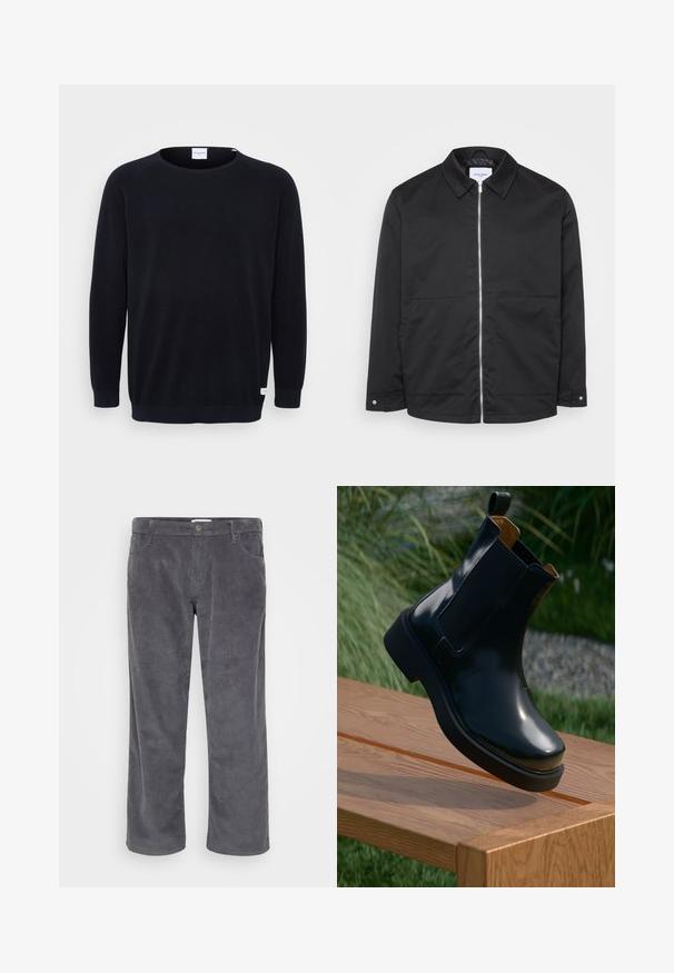 Sort lynlåsjakke med krave, to forlommer og metal lynlåsdetalje. Glat stof uden mønstre eller markante teksturer.; Sort strikket sweater med rund halsudskæring og lange raglanærmer. Har ribbede manchetter og kant, tekstureret stof og et lille mærke ved kanten.; Grå kordfløjlsbukser med lige ben-design, der har forlommer og en diskret ribbet tekstur. Ingen synlig branding eller accenter.; Sorte læder chelsea støvle med glat finish, elastiske sidepaneler, rund tå og tyk gummisål, placeret ovenfor en træoverflade.