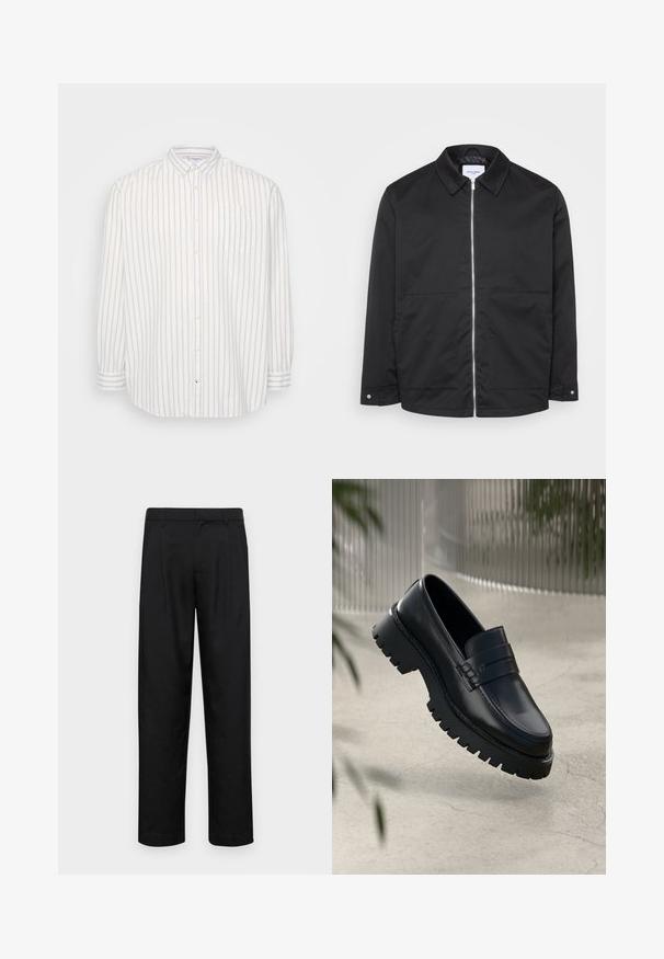 Schwarze Jacke mit Reißverschluss und Stehkragen, zwei Fronttaschen und einem Metallreißverschluss. Glatter Stoff ohne Muster oder auffällige Strukturen.; Hemd mit Knopfleiste in Weiß und hellbeigen Streifen, lange Ärmel, Tasche auf der linken Brust, klassischer Kragen, leichtes Material.; Schwarze Hose aus glattem Stoff, mit geradem Bein Design, zwei vorderen Falten und einem Standardbund mit Gürtelschlaufen.; Schwarze Lederloafer mit einer robusten profilierten Sohle, ausgestattet mit einem dekorativen Riemen und einer Stichdetail. Glatte Textur mit einem polierten Finish.