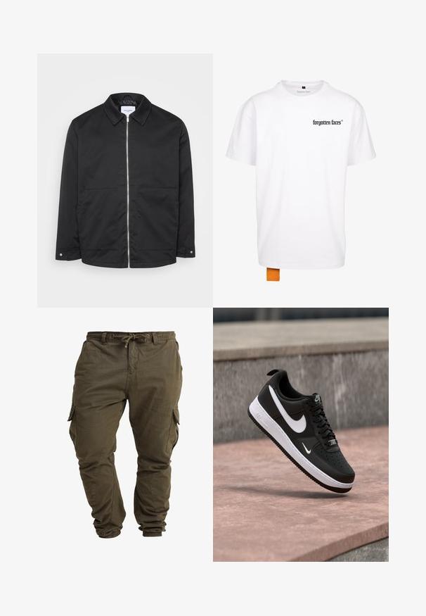 Sort lynlåsjakke med krave, to forlommer og metal lynlåsdetalje. Glat stof uden mønstre eller markante teksturer.; Hvid bomulds T-shirt med korte ærmer, med et lille sort logo på brystet og et kontrasterende orange mærke ved kanten.; Olivenfarvede cargo-bukser lavet af blød bomuld, med justerbar taljesnor, elastiske cuffs og sidelommer.; Sort-hvid Nike Air Force 1 sneaker svævende over en lyserød betonflade med en grå stenbaggrund.