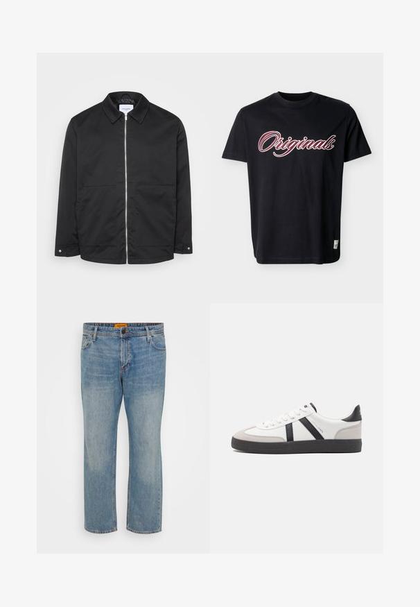 Sort lynlåsjakke med krave, to forlommer og metal lynlåsdetalje. Glat stof uden mønstre eller markante teksturer.; Sort t-shirt med korte ærmer med stor vinrød og hvid kursivteksts "Originals" hen over brystet og et lille hvidt mærke nær kanten.; Lyseblå denim jeans med lige ben, der har fem lommer, knaplukning og orange mærke på taljebåndet.; Hvide sneakers med sorte og grå detaljer, med en tekstureret grå tåhætte, sort gummisål og flade hvide snørebånd. Rent design, minimalistisk stil.
