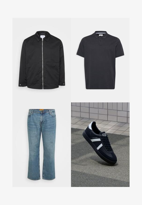Sort lynlåsjakke med krave, to forlommer og metal lynlåsdetalje. Glat stof uden mønstre eller markante teksturer.; Sort polo-shirt lavet af bomuld med en nedfoldet krave, tre-knaps lukning og korte ærmer. Glat tekstur, enkelt design.; Lyseblå denim jeans med lige ben, fem lommer, synlig syning og lynlås. Mærket er gult på indersiden af taljebåndet.; Sort lædersneaker med hvide striber, tekstureret gummisål og snørrebånd foran. Har et brandet mærke på tungen.