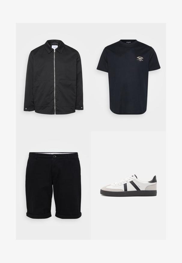 Veste noire à fermeture éclair avec col, deux poches avant, et détails en métal sur la fermeture. Tissu lisse sans motifs ni textures marquées.; T-shirt en coton noir à manches courtes, col rond et petit logo brodé blanc sur la poitrine gauche. Textura lisse, design décontracté.; Shorts en coton noir avec une coupe droite, ourlets retroussés et fermeture à bouton à l'avant. Dotés de poches et d'une ceinture intérieure à motif.; Baskets blanches avec des accents noirs et gris, présentant un embout texturé gris, une semelle en caoutchouc noir et des lacets plats blancs. Design épuré, style minimaliste.