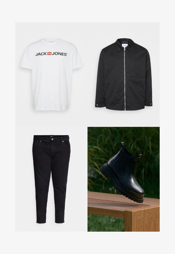 Sort lynlåsjakke med krave, to forlommer og metal lynlåsdetalje. Glat stof uden mønstre eller markante teksturer.; Hvid bomulds T-shirt med "JACK & JONES" logo i sort med en rød rektangulær accent. Korte ærmer og rund hals. Glat tekstur.; Sorte denim jeans med en slim fit design, der har knap- og lynlåslukning, forlommer og standard bæltestropper.; Sorte læder chelsea-støvler med rund tå, tyk gummisål og elastiske sidepaneler, præsenteret på en træoverflade med grønne planter i baggrunden.