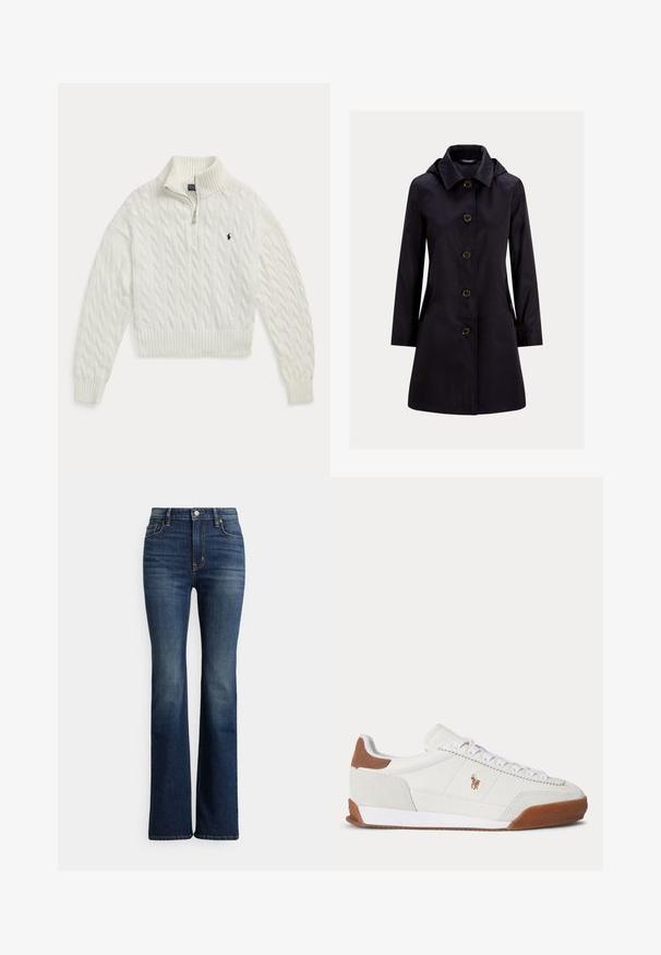 Manteau noir mi-genou avec manches longues, col, cinq boutons devant et une capuche cachée, présenté sur un fond uni.; Pull blanc en maille torsadée à demi-fermeture éclair avec col, poignets et bas en côtes, présentant un petit logo cheval brodé foncé sur la poitrine.; Jean bootcut taille haute bleu foncé avec bouton et poches à l'avant, légère décoloration sur les cuisses et les genoux, présenté sur fond blanc.; Baskets basses blanches avec des accents en daim marron au talon et à l’orteil, des lacets blancs et un petit logo brodé marron sur le côté.