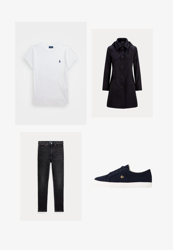 Manteau noir mi-genou avec manches longues, col, cinq boutons devant et une capuche cachée, présenté sur un fond uni.; T-shirt en coton blanc à manches courtes, avec un petit logo bleu marine sur la poitrine gauche. Design sobre avec un col rond.; Jean noir slim fit avec cinq poches, fermeture par bouton et étiquette de la marque Polo sur la ceinture, posé à plat sur un fond blanc.; Lauren Ralph Lauren JANSON II CANVAS SNEAKER - Baskets basses - navy