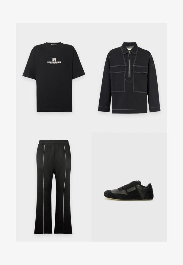 Camisa preta de manga comprida com costura contrastante branca, fecho de correr frontal, bolsos de aba no peito e gola definida sobre um fundo claro.; T-shirt preta de algodão com decote redondo e mangas curtas. Apresenta um logótipo impresso em branco que diz "HOLZWEILER WINTERSPORT" na parte da frente.; Calças atléticas pretas com cós ajustado, apresentando riscas laterais brancas e design de perna alargada. Feitas de tecido macio e elástico.; Ténis pretos feitos de camurça e couro. Apresenta um perfil baixo, bico arredondado, design de atacadores e detalhes texturizados. As solas têm uma textura com aderência.
